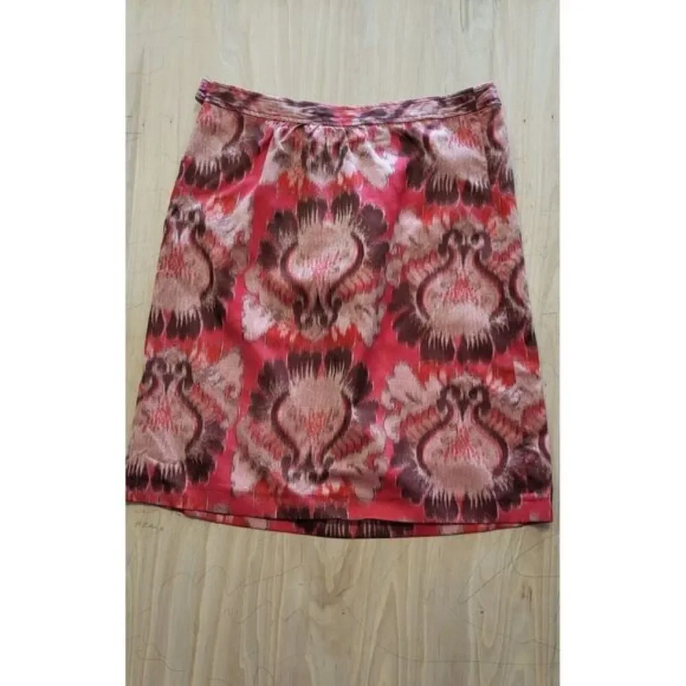 Tory Burch Ikat Silk‎ Skirt Women Size 8 Red Brown Pattern Career Work Elevated